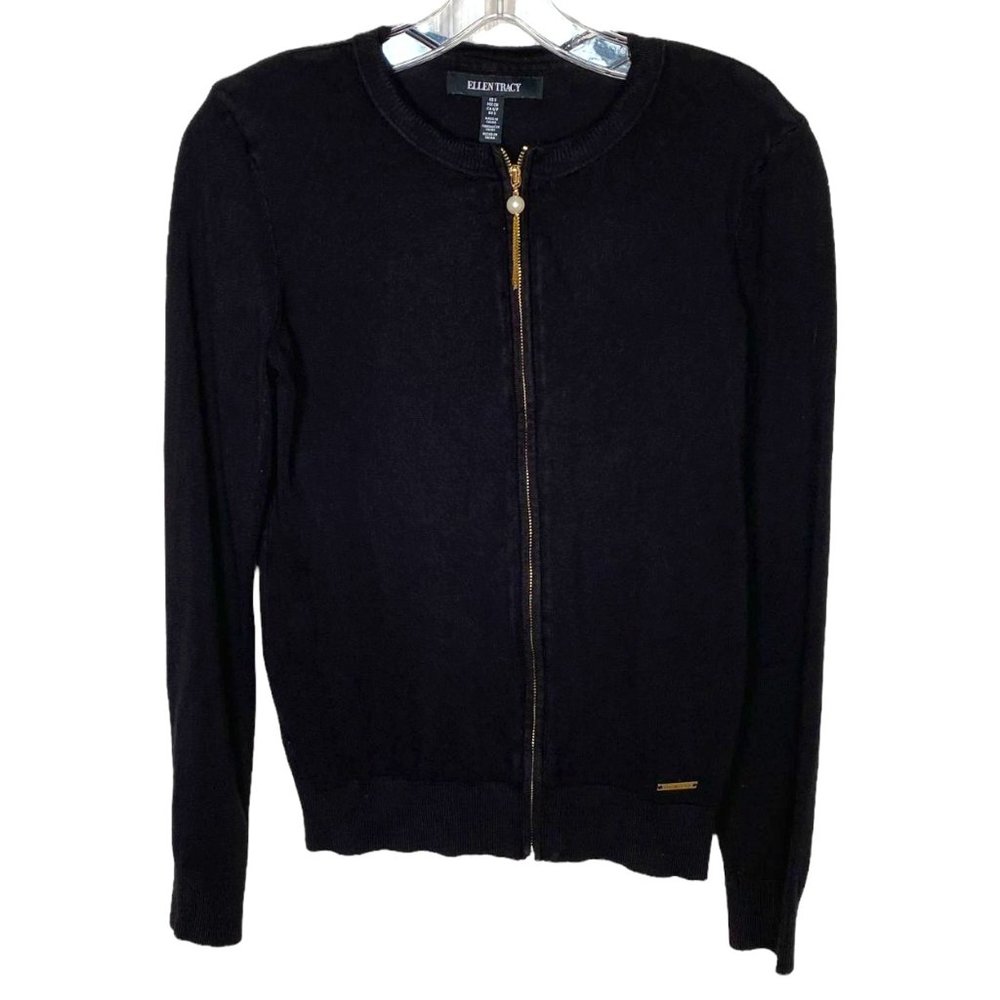 Ellen Tracy Womens Black Full Zip with Pearl Tassel Cardigan Size S Goth Preppy